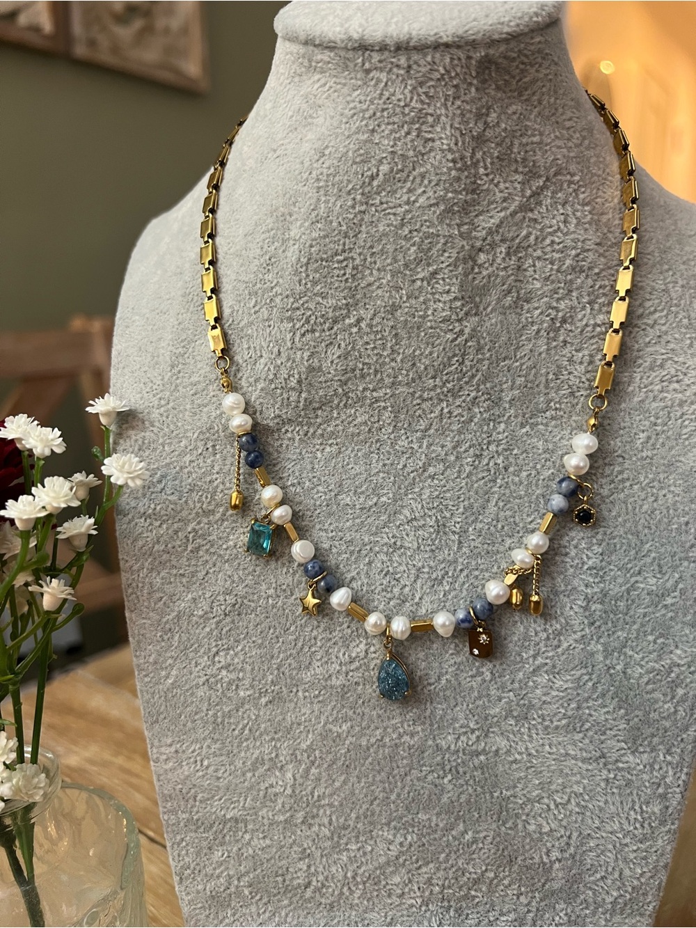 Gold-Plated Multi Charm Bead Necklace with Blue & Pearl Accents